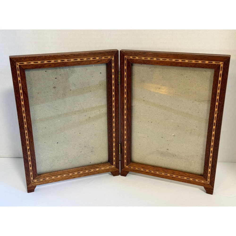Vintage Wood Inlay Folding Double Picture Frame Hinged Diptych Tabletop Decor
